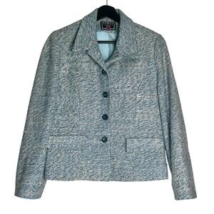Vtg Vinci Clothiers 100% Silk Tweed Blazer Jacket Light Blue Textured Size 8 USA